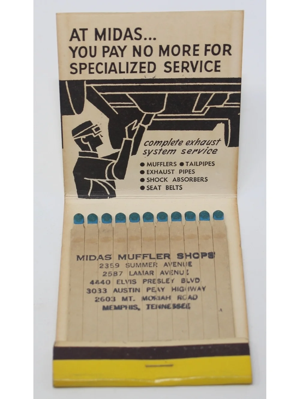 Vintage Matchbook Midas Muffler Shops 5 Memphis Locations 1960s Unused Unstruck